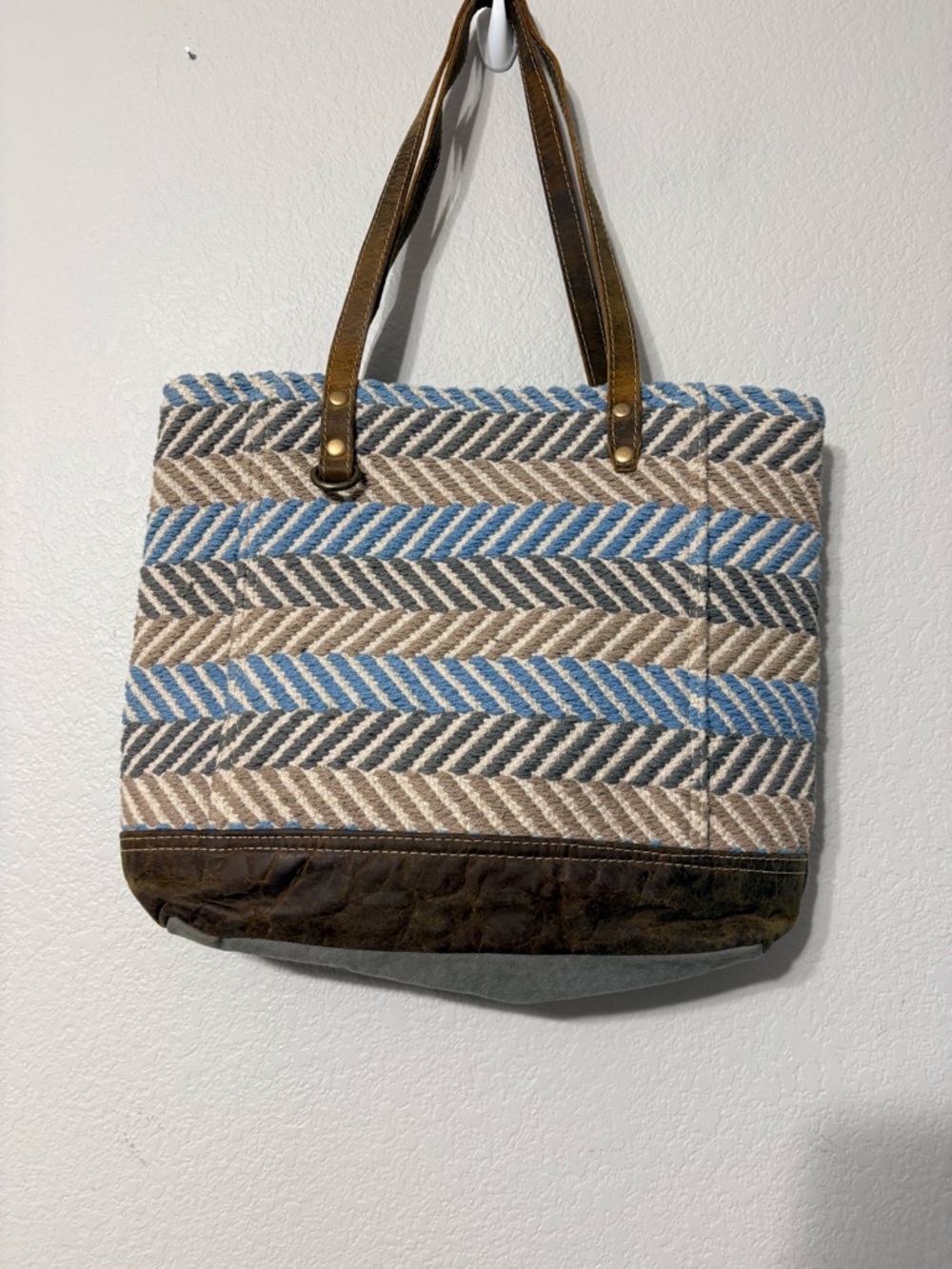 Myra Upcycled Chevron Striped Blue, Beige Gray Woven Tote w Brown Leather Trim
